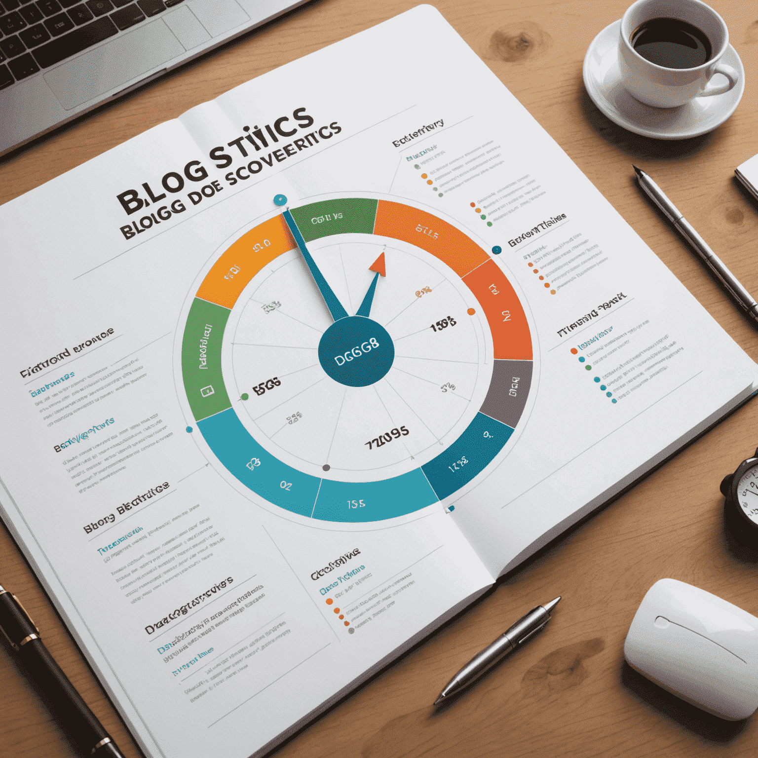 Diagramm, das verschiedene Blog-Metriken wie Seitenaufrufe, Verweildauer und Conversion-Rate visualisiert