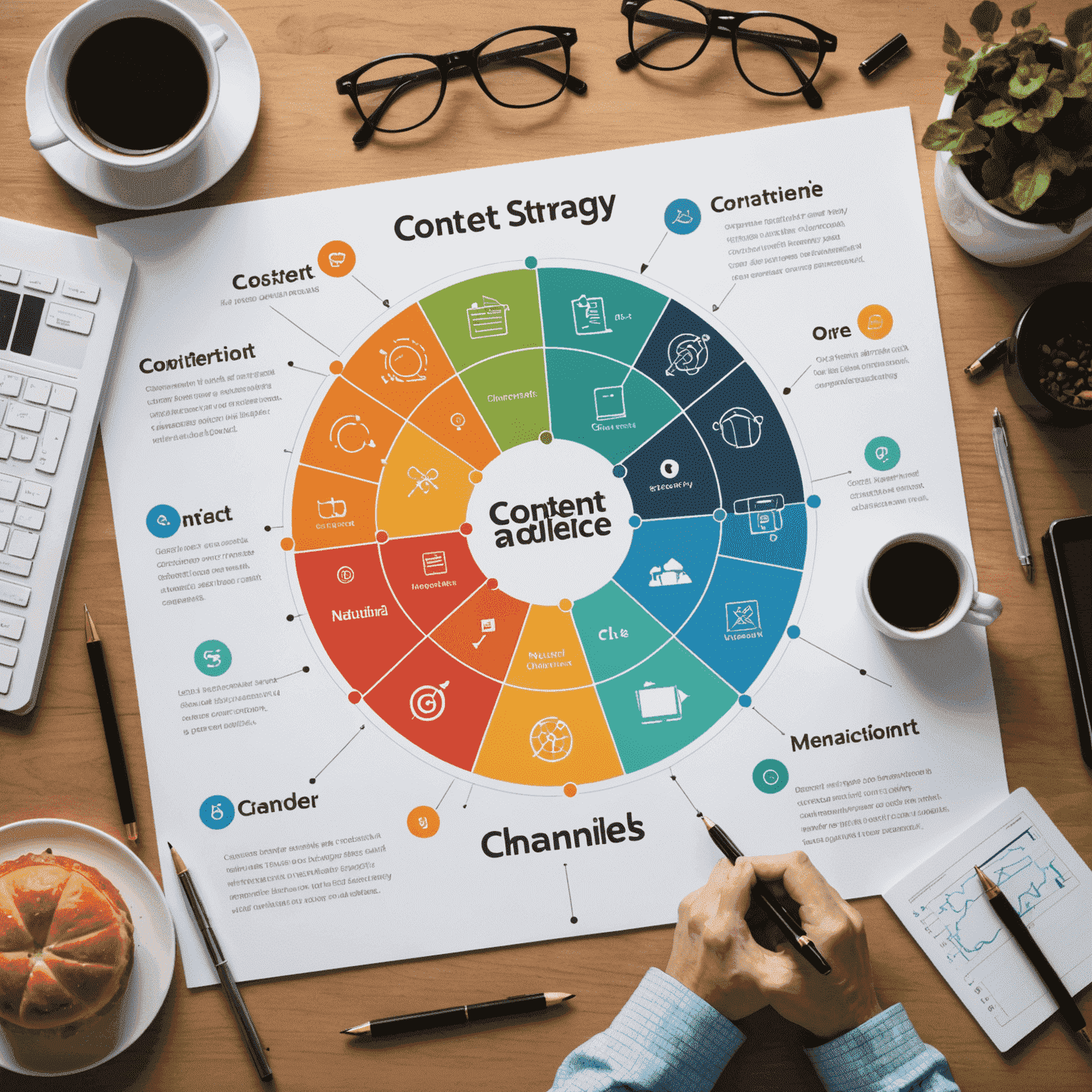 Ein Diagramm, das verschiedene Elemente einer Content-Strategie wie Zielgruppe, Kanäle und Metriken zeigt